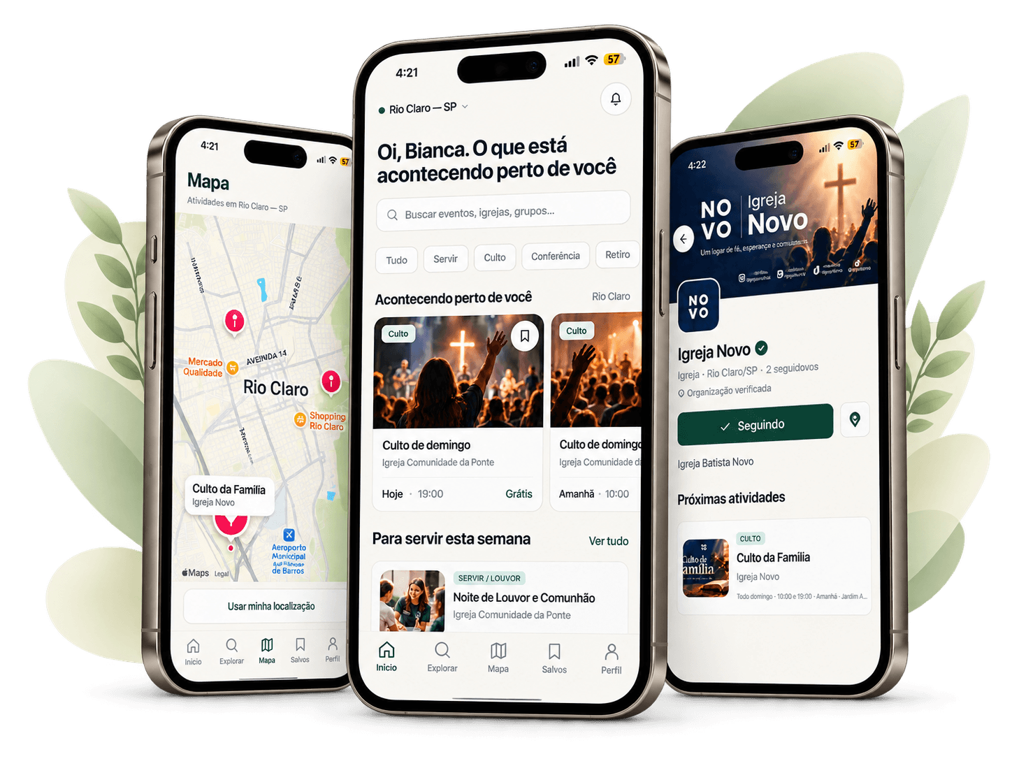 Três telas do app Participaí: mapa de atividades em Rio Claro, início com eventos perto de você e perfil da Igreja Novo